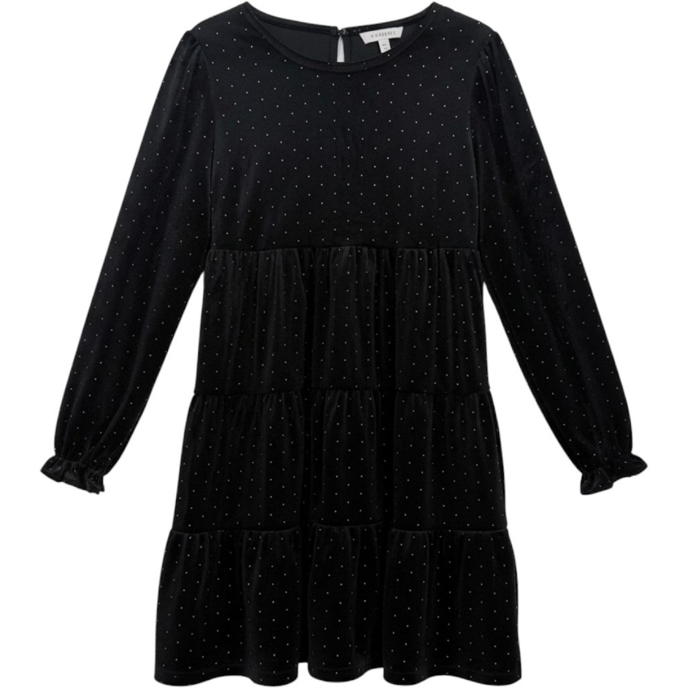 Tahari Girls Black Velvet Metallic Gold Foil Dot Tiered Long Sleeve Dress Sz 10